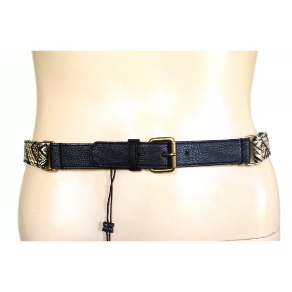 BCBG WAIST BELT BOHO TROPICAL BLACK BEIGE RAFFIA